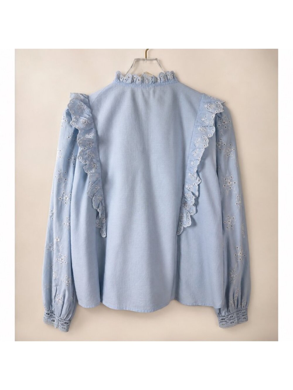Sézane Irma Shirt Light Blue Ecru Embroidered Ruffle Blouse Size FR 46/ US 14 - Picture 8 of 16
